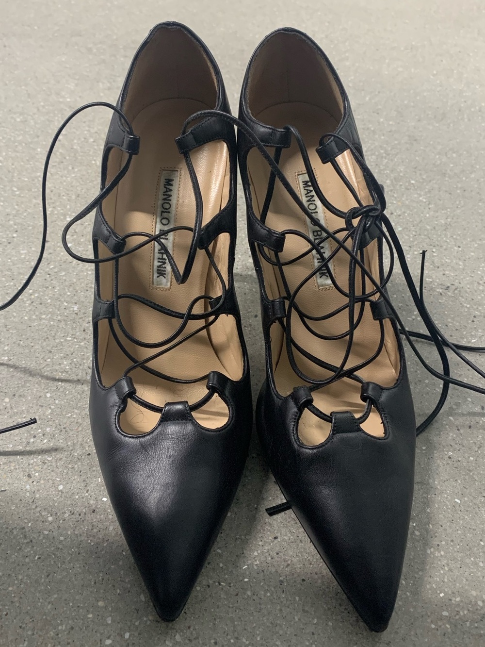Manolo Blahnik Black Lace-Up Pointed Pumps